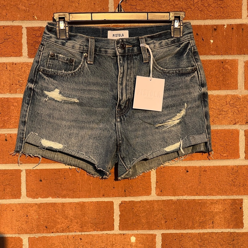 Pistola Blue High-Waisted Jean Shorts Distressed Style